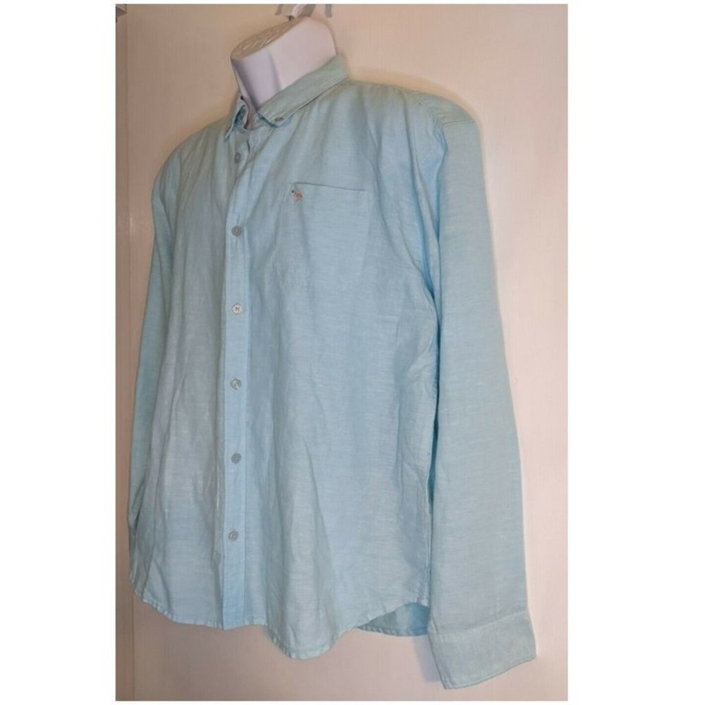 Mens Pastel Blue Linen Long Sleeve Shirt Sz L Flamingo NEW Artistry in Motion - Picture 3 of 9